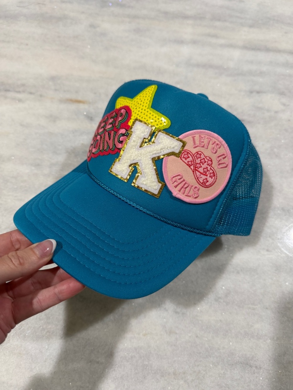 Teal Patchwork Trucker Hat with Embroidered Patches